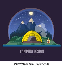 Flat style design of Mountains landscape and camping. Night scene
