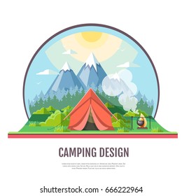 Flat style design of Mountains landscape and camping.