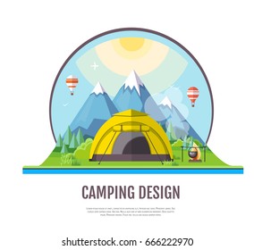 Flat style design of Mountains landscape and camping.