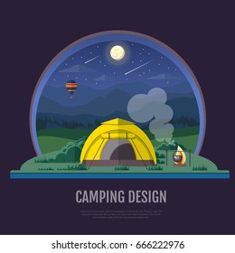 Flat style design of Mountains landscape and camping. Night scene