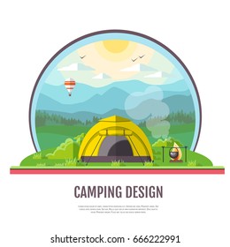 Flat style design of Mountains landscape and camping.