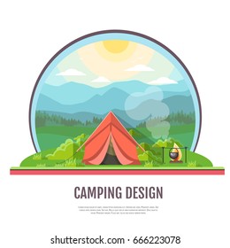 Flat style design of Mountains landscape and camping.