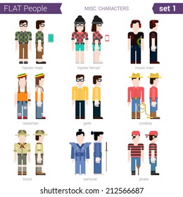 Flat style design people vector character avatar set. Hipster, geek, cowboy, music, rastaman, samurai, pirate, scout. Flat people collection. 
