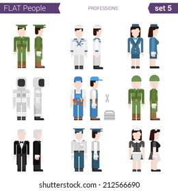 Flat style design professional people vector character avatar set. Professions military, soldier, sailor, stewardess, hostess, builder, spaceman, conductor, waitress. Flat people collection. 