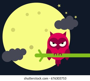 Flat Style Design Red Owl Perched On a Tree Branch at Night With The Big Moon