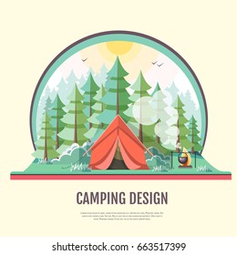 Flat style design of retro forest landscape and camping