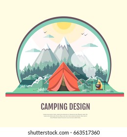 Flat style design of retro Mountains landscape and camping