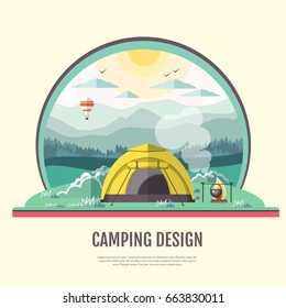 Flat style design of retro Mountains landscape and camping.