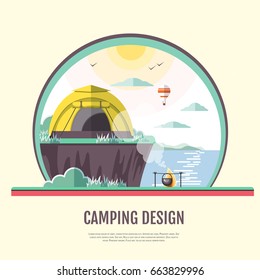 Flat style design of retro seaside landscape and camping.