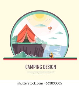 Flat style design of retro seaside landscape and camping.