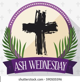 Flat style design with round button with hand drawn cross inside, palm branches and purple ribbon to commemorate Ash Wednesday.