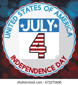 Flat style design with round label, loose-leaf calendar inside of it and reminder date for U.S.A. Independence Day celebration in July 4.