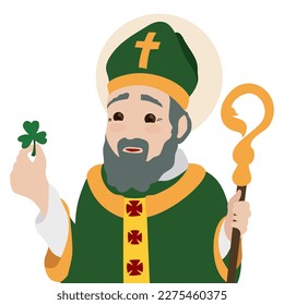 Flat style design of Saint Patrick portrait with shamrock and crosier.