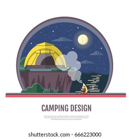 Flat style design of seaside landscape and camping. Night scene
