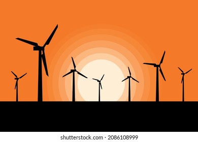 Flat style design of silhouette wind turbine farm. Wind Turbines Towers in Sunset Landscape. Renewable and Eco Friendly Energy Vector Flat design elements for Clean Environment. Alternative Power.