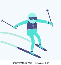 flat style design with skier. Cartoon illustration with a person that is skiing. Isolated on white background.  Ski resort. Fun stock vector illustration.