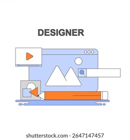 flat style design stock illustration with pencil, video player and desktop screen symbols.