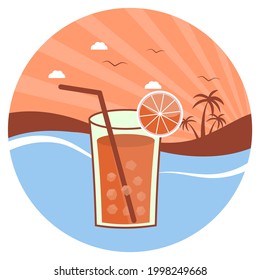 Flat style design of summer beach landscape with cocktail