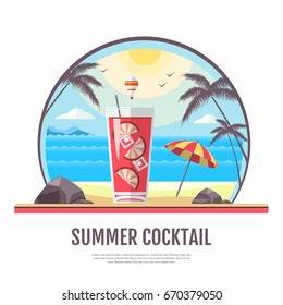 Flat style design of summer beach landscape with cocktail