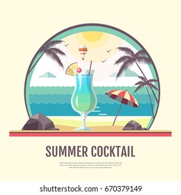 Flat style design of summer beach landscape with cocktail