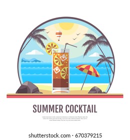 Flat style design of summer beach landscape with cocktail