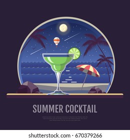 Flat style design of summer beach landscape with cocktail. Night scene