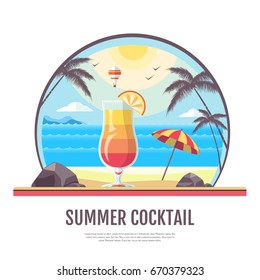 Flat style design of summer beach landscape with cocktail
