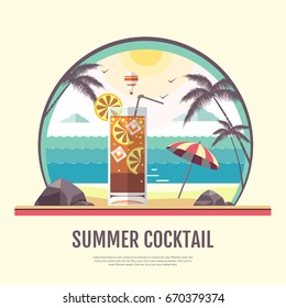 Flat style design of summer beach landscape with cocktail