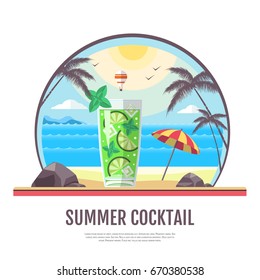 Flat style design of summer beach landscape with cocktail