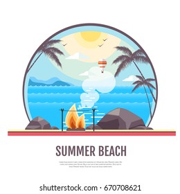 Flat style design of summer beach landscape background