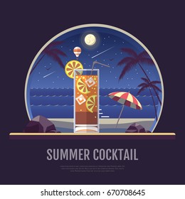 Flat style design of summer beach landscape with cocktail