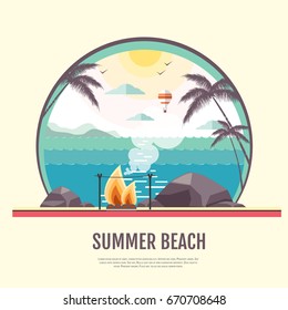 Flat style design of summer beach landscape background