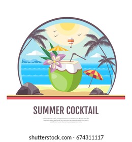 Flat style design of summer beach landscape with cocktail