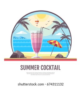 Flat style design of summer beach landscape with cocktail