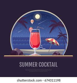 Flat style design of summer beach landscape with cocktail