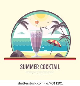 Flat style design of summer beach landscape with cocktail