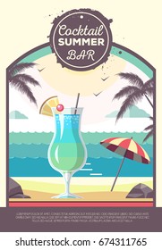 Flat style design of summer beach landscape with cocktail