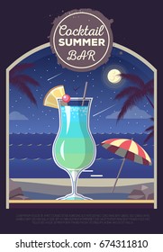 Flat style design of summer beach landscape with cocktail
