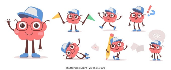 Diseño de estilo plano de pensar personaje cerebral en gafas y gorra con lápiz, burbuja de habla, idea para web, banner, afiche, impresión. Conjunto vectorial de ilustración de personaje de niño feliz en posición diferente