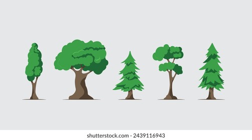 Árboles de diseño de estilo plano aislados sobre fondo claro. Ilustración moderna simple. Lindas plantas verdes, bosque. Se puede utilizar para ilustrar cualquier naturaleza o estilo de vida saludable tema y publicidad.	