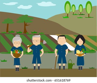 Flat style design vector of  Farmer family  in Thai agriculture style,vegetables,fruits,uniform,sufficient economy.