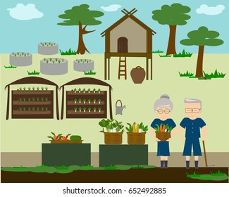 Flat style design vector of  Happy Farmer family  in Thai agriculture style,vegetables,fruits,uniform,home,rice field with clean environment