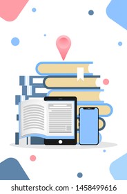 Flat style design vector illustration icon creative technology education library easy access information concept. Touch screen pad eBook library books map pin.