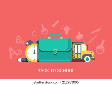 Flat style design vector illustration icon back to school learning education concept. Briefcase, pencil, clock, schoolbus conceptual collage. Big flat icons collection.