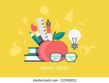 Flat style design vector illustration icon smart ideas education concept. Apple, glasses, light bulb, brush, book, pencil conceptual collage. Big flat icons collection.