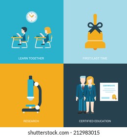 Flat style design vector illustration icon set back to school education concept. Boy and girl sitting at the desk in classroom, hand bell, microscope, certificate graduates. Big flat icons collection.