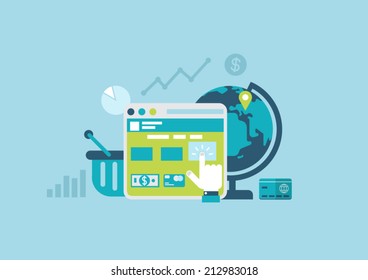 Flat style design vector illustration online purchase process concept. Internet store sale shopping cart checkout interface. Website window ui button click, globe delivery, credit card. Collection.