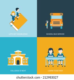 Flat Style Design Vector Illustration Icon Set Back To School Education Concept. Boy And Girl Riding The Book, Sitting At The Desk In Classroom, Schoolbus, College Building. Big Flat Icons Collection.