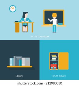 Flat style design vector illustration icon set back to school education concept. Student in the classroom by the blackboard, library bookshelf, school college locker with stuff. Flat icons collection.