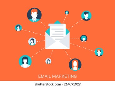 Flat Style Design Vector Illustration Email Marketing Concept. Modern People Abstract Avatar Portraits Connected To Mailing Envelope. Big Flat Conceptual Collection.